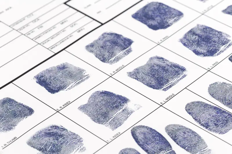Close-up of inked fingerprint cards with individual prints labeled for each finger.
