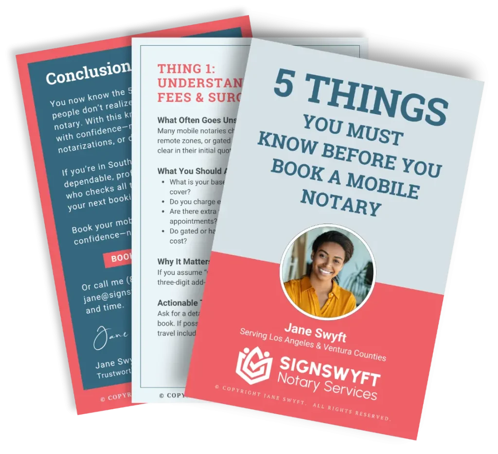 Free guide cover titled “5 Things You Must Know Before You Book a Mobile Notary” by Jane Swyft, SignSwyft Notary Services, with Jane’s photo.