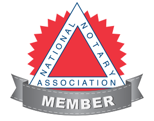 National Notary Association member badge — red triangle with white border and gray ribbon reading “Member.”