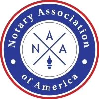 Notary Association of America seal — blue circle with red border, crossed letters N-A-A and fountain pen icon.